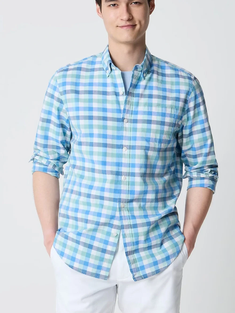 J crew blue green Classic-fit flex casual shirt